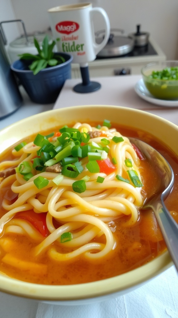 A bowl of Maggi noodles with vegetables and green onions, served in a cozy kitchen.